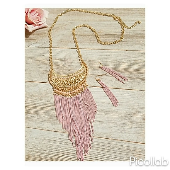 Gold Crescent with Pink Chain Fringe Necklace Set - Picture 3 of 6